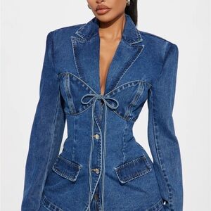 Fashion Nova Tie Front Denim Blazer Jacket -Medium Wash Size L